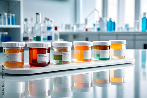 There are many medical petri dish neatly arranged on the white table, laboratory environment ,Many glass containers contain various liquids, scientific research and experimental materials