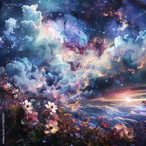 Surreal landscape where spring flowers morph into nebulae a cosmic garden for meditation and spiritual exploration