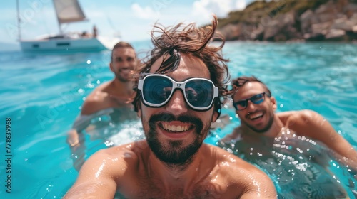 Happy friends taking a selfie with an action camera in the ocean with a sailboat in the background - young people having fun swimming © sirisakboakaew