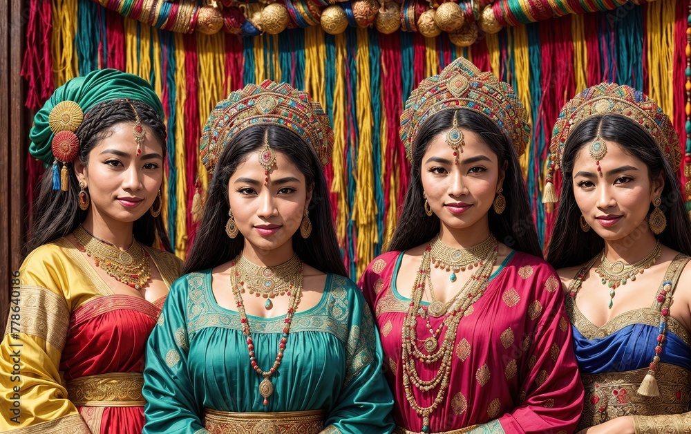 A group of women dressed in traditional costumes, standing in front of a colorful backdrop.