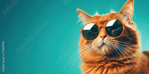 Orange cat wearing orange sunglasses on blue sky background with copy space