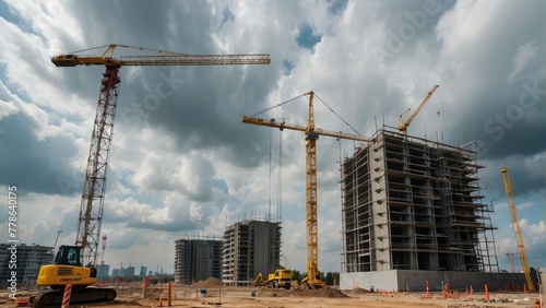 Construction cranes and buildings under blue sky