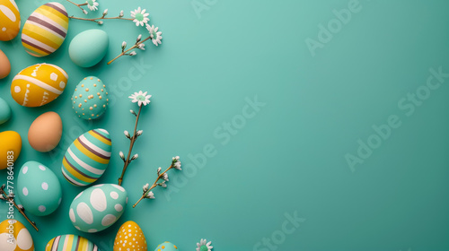 An array of colorfully patterned Easter eggs with spring branches, forming a charming banner with blank space for messages photo