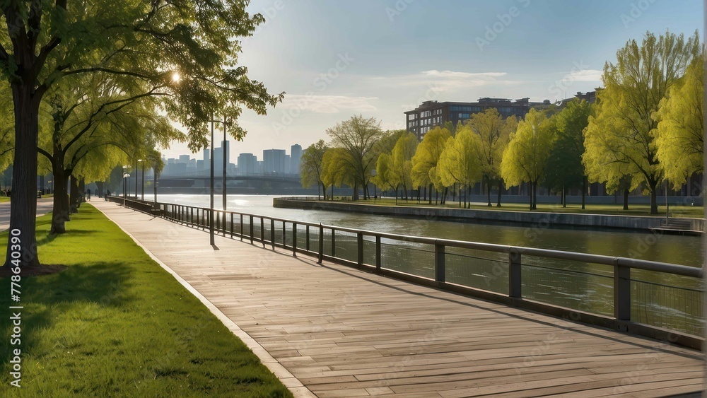 Fototapeta premium Sunny riverside walkway with cityscape
