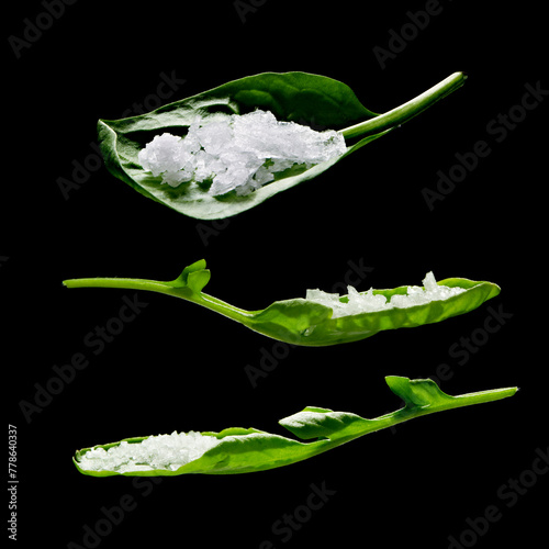 Composition of 3 spinach leaves with grains of salt, floating on black background
