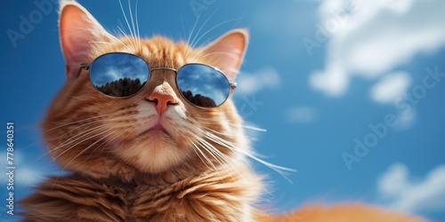 Orange cat wearing sunglasses on blue sky background. Summer holidays concept.