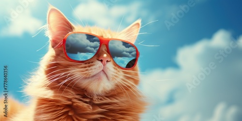 Orange cat wearing sunglasses on blue sky background. Summer holidays concept