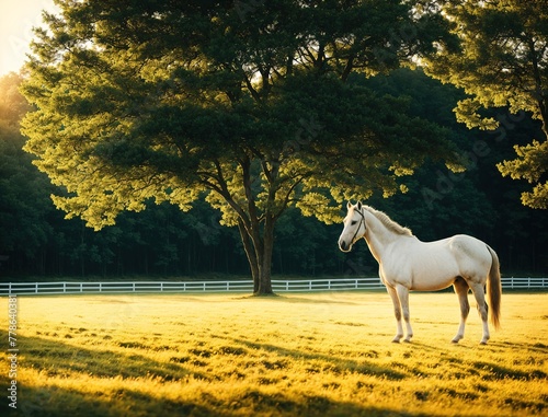 A white horse standing in a field with trees in the background.
