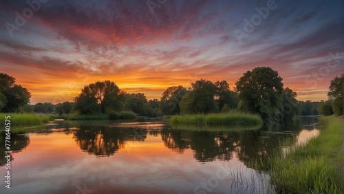 Sunset reflection on tranquil river waters © sitifatimah