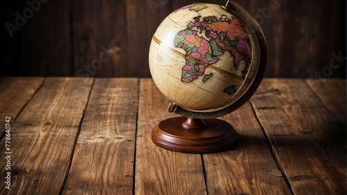 Globe on wooden surface by a rustic backdrop
