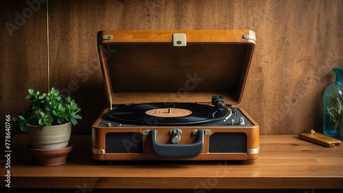 Vintage record player on wooden table