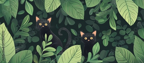 Two black cats are camouflaging among the leaves of a terrestrial plant. They are hiding in the tree, blending in with the foliage photo