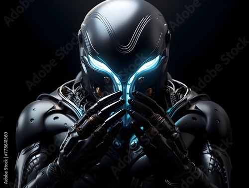 Futuristic Cyborg Female Making Heart Gesture in Sleek Black Armor Suit D Rendered Sci Fi Concept