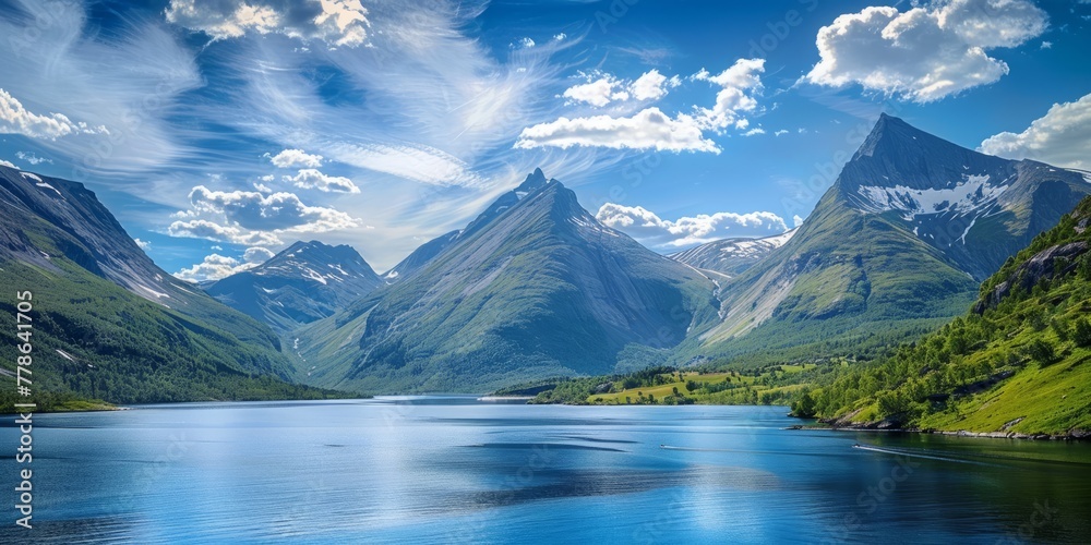 Naklejka premium Explore the tranquility of nature with breathtaking landscapes and majestic mountains