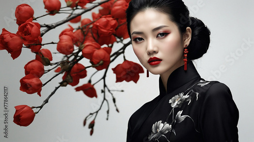 The Portrait of a Chinese girl in black dress with white and black flower