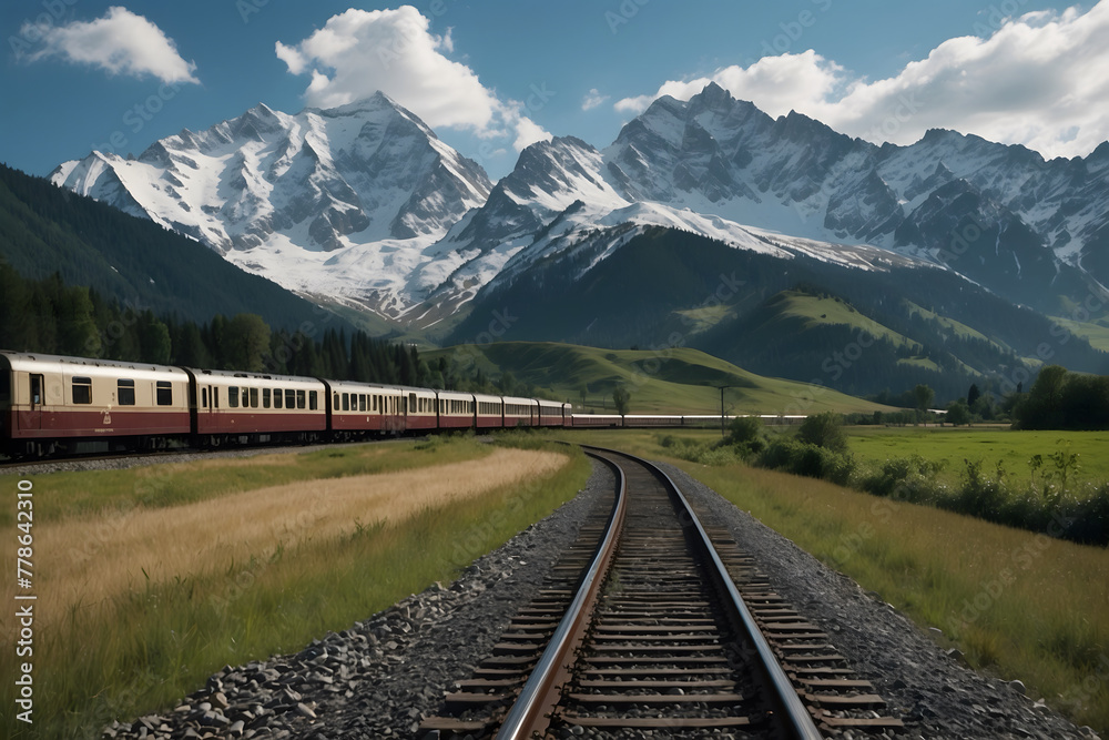 A landscape of a railway track with mountains background