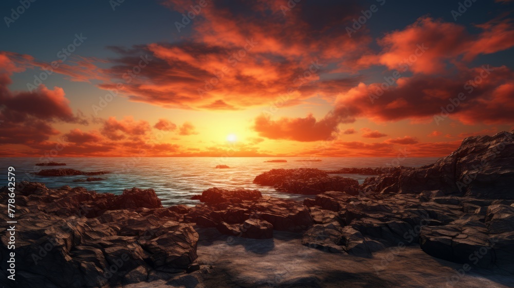 3d render of a coastal landscape on a sunset sky