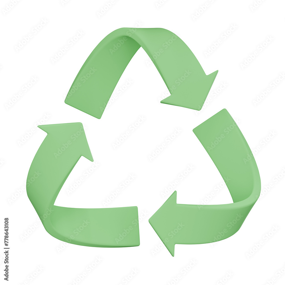 3D rendering of minimal three-arrow green recycle icon, symbolizing sustainability, ecology and environmental conservation, transparent background. 3D rendering of minimal three-arrow green recycle icon, symbolizing sustainability, ecology and environmental conservation, transparent background.
