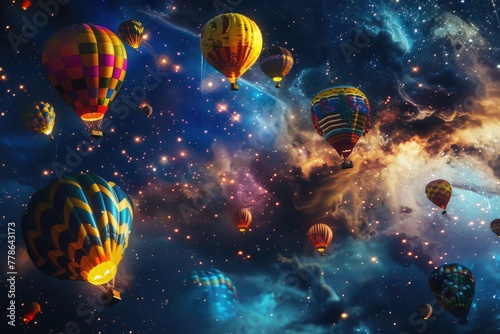 Hot air balloons with intricate patterns floating in a starry night sky, evoking a sense of adventure and exploration. © P