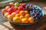 A close-up of a bowl of freshly cut fruit, arranged in a colorful and visually appealing way
