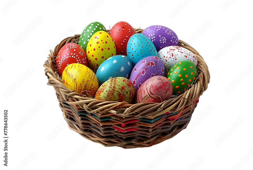 Easter eggs in a basket isolated on a transparent background
