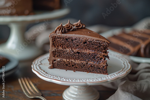 A slice of chocolate cake, with a fork resting next to it