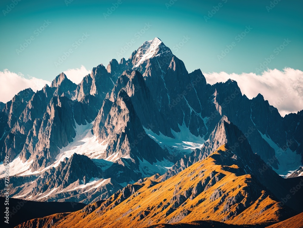 Fototapeta premium A mountain range with snow capped peaks in the background.