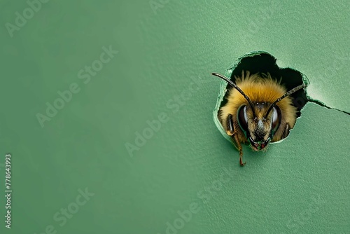 a bee peeking through a hole in the torn soft green paper wall. Banner. Copy space