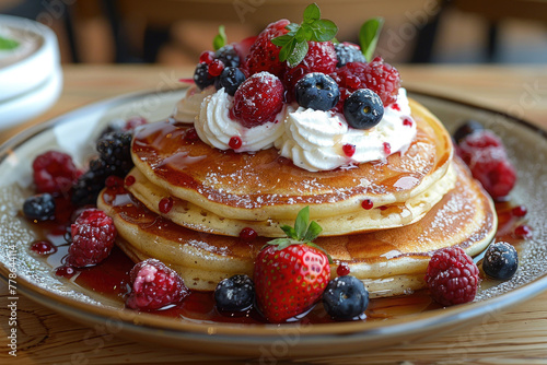 A plate of pancakes topped with whipped cream and berries