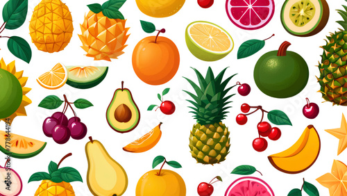 design with vector lemon, passion fruit, mango, dragon fruit, avocado, pineapple, pumpkin, cherry, grape, durian, pear, orange, peach.eps