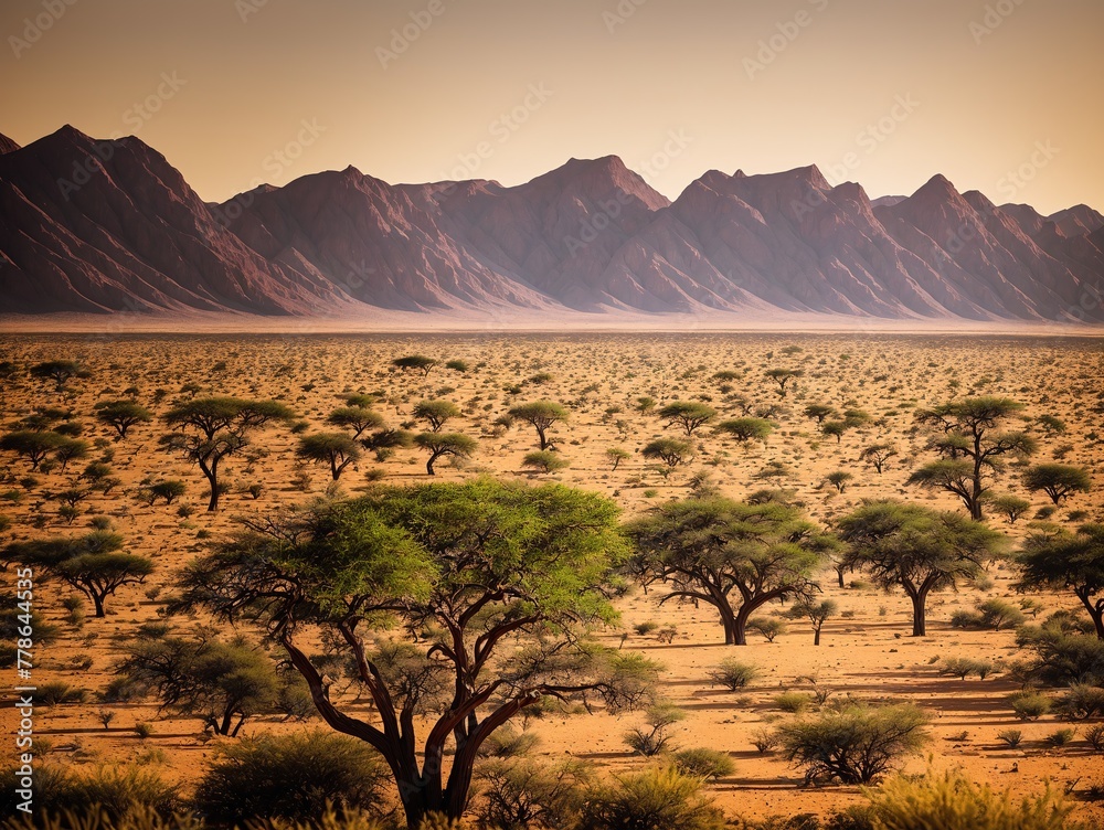 A vast desert landscape with mountains in the background.
