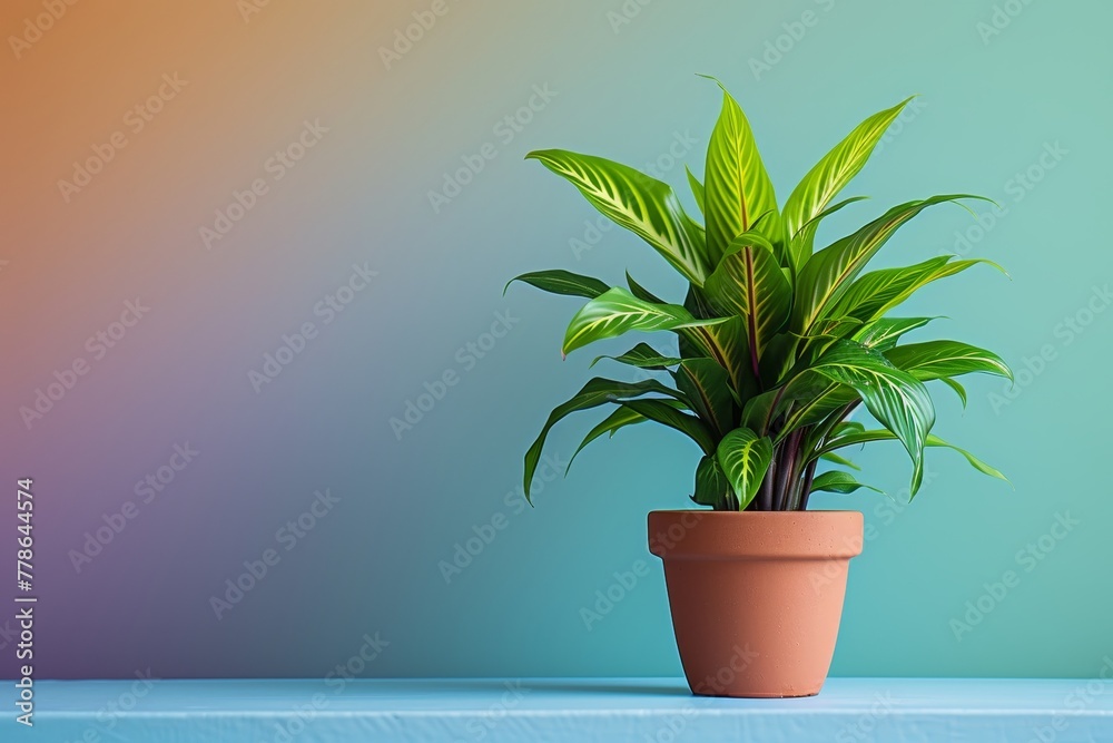Fototapeta premium Ctenanthus plant in a clay pot, minimalism, pastel background.