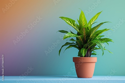 Ctenanthus plant in a clay pot, minimalism, pastel background.
