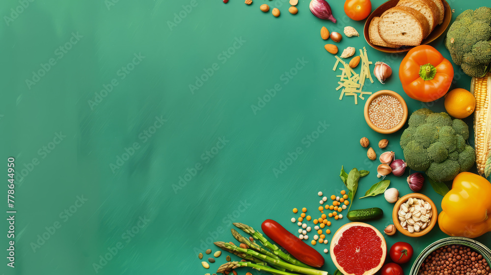 A neatly organized array of fruits and vegetables like tomatoes and oranges on a deep green banner with blank space
