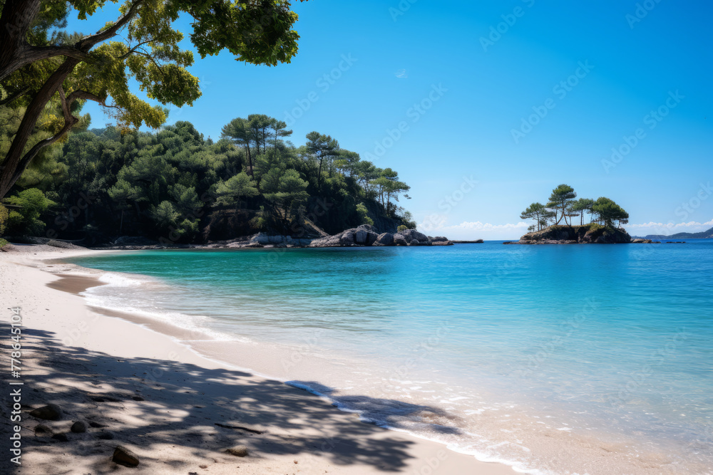 A serene beach nestled amidst lush forests. Tropical paradise secluded serene, sandy beach alongside lush forest clear blue water.