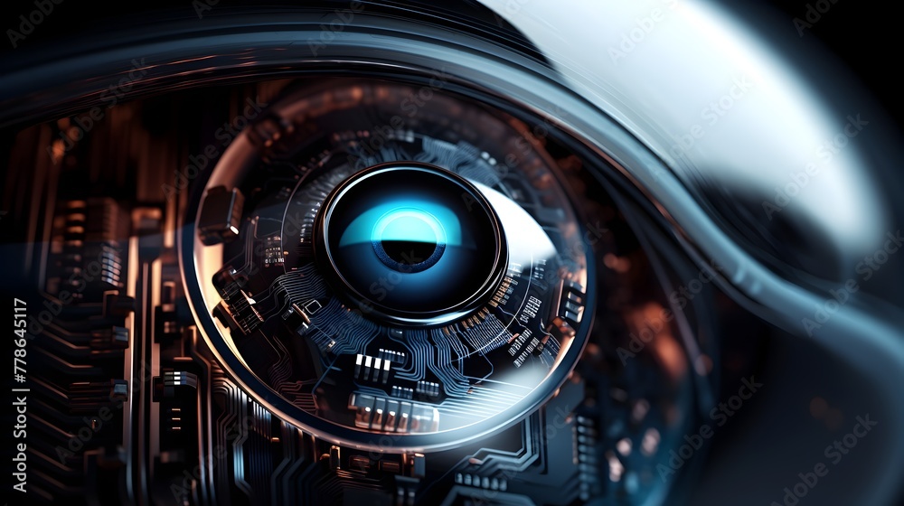 Futuristic Digital Surveillance Extreme Close Up of Advanced Robotic or Bionic Eye with Complex Circuitry