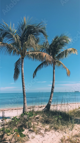 Palm tree standing on the beach  wide sea