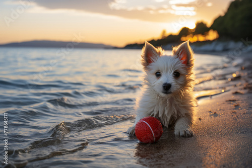 A puppy and a red ball on the beach at sunset. Concept of the summer adventures at the seaside vacation. photo