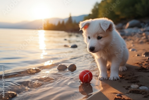 A puppy and a red ball on the beach at sunset. Concept of the summer adventures at the seaside vacation. photo