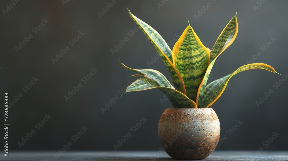 Sansevieria plant in a clay pot, minimalism, pastel background. - obrazy, fototapety, plakaty 