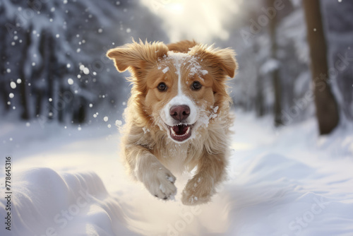 A dog runs on the snow with a happy expression, snow flurries flying. A close-up of a dog running on snow, heading straight for the camera.