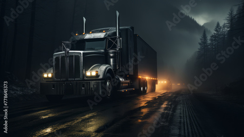 A semi-truck drives down a winding road through a forest at night. The truck's headlights illuminate the wet pavement, and the rain is falling heavily.