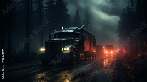 A semi-truck drives down a winding road through a forest at night. The truck's headlights illuminate the wet pavement, and the rain is falling heavily. photo