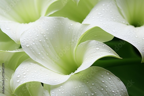 A close-up photo of a white lily flower with water droplets. Bouquet of fresh white lilies.