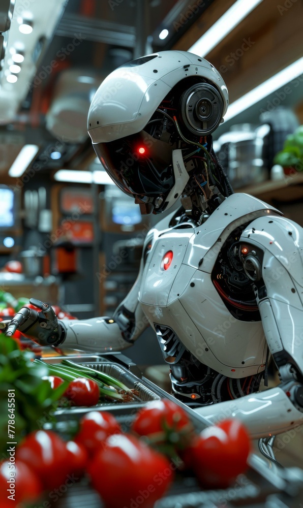 A robot in a grocery store picking up tomatoes and putting them on the shelf. Generative AI. A robot in a grocery store picking up tomatoes and putting them on the shelf. Generative AI.