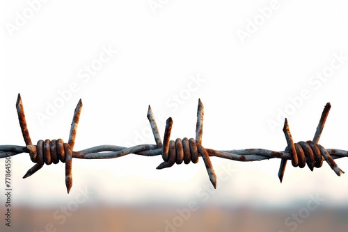 Stark image of a barbed wire fence, representing barriers and divisions within society with insanely extreme texture details. 