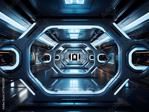 Futuristic Interior of an Advanced Space Station Showcasing Cutting Edge Technology and Innovative Design © yelosole