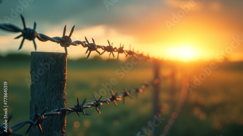 Stark image of a barbed wire fence, representing barriers and divisions within society with insanely extreme texture details.
 photo
