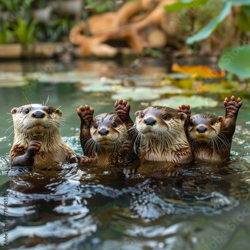 A family of otters floating hand in hand down a serene river, embodying peaceful happiness