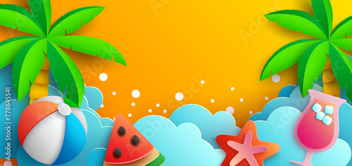 A summer background design in paper cut style featuring a beach scene with palm trees  a beach ball  a slice of watermelon  a starfish  and a fruity cocktail . Vector Illustration.